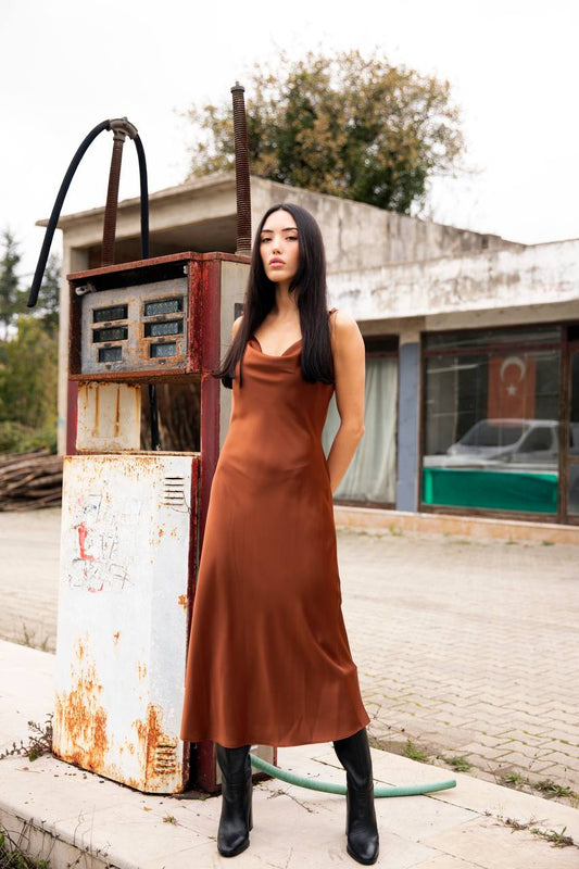Cowl Neck Solid Slip Dress - Rust Brown